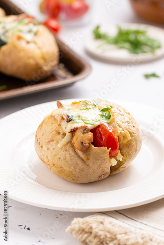 Hot Vegetarian Loaded Potato with mushrooms, cheese, tomatoes and parsley. Real Food Photo.