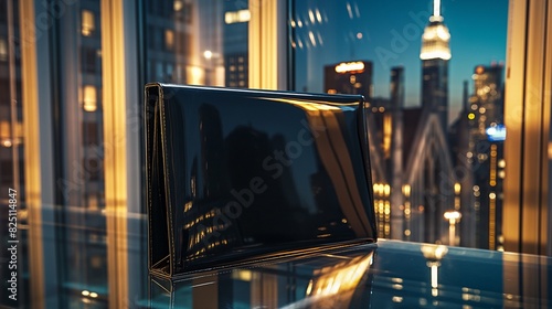 A sophisticated blank black clutch bag placed on a shiny glass surface  reflecting the city skyline at night through nearby windows  emphasizing luxury and urban style.