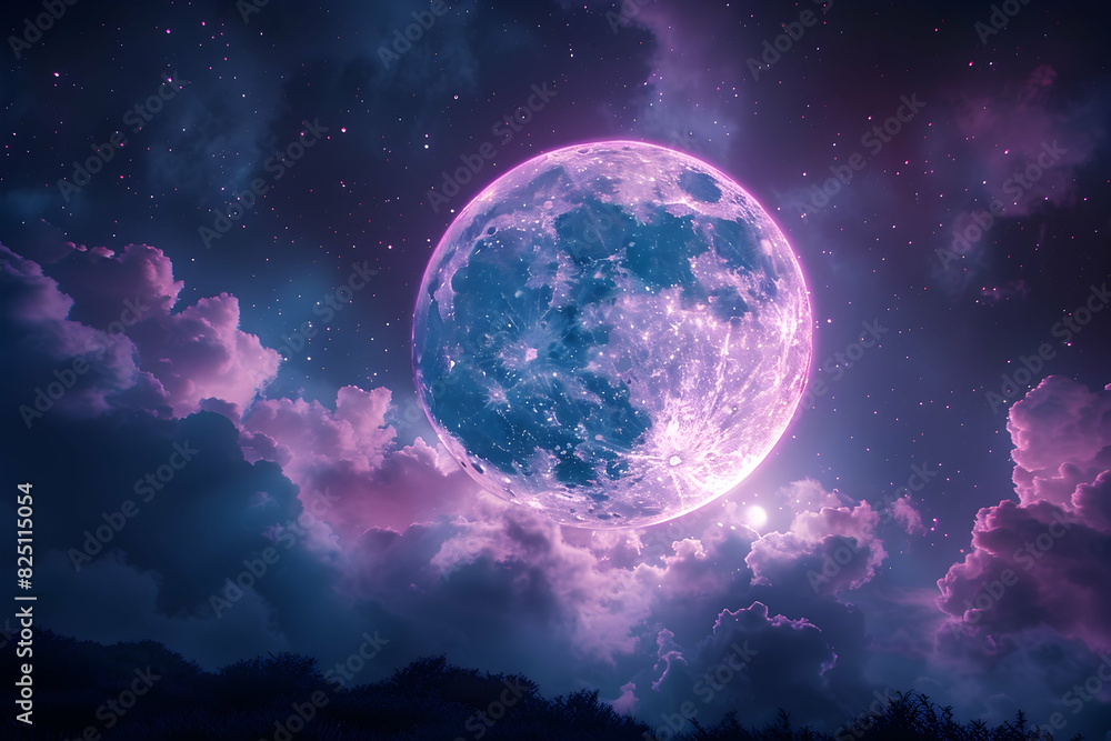 Full moon rising in a sky painted with hues of purple and indigo on a crisp October night, captured with long exposure photography using light painting technique Full moon rising in a sky painted with hues of purple and indigo on a crisp October night, captured with long exposure photography using light painting technique
