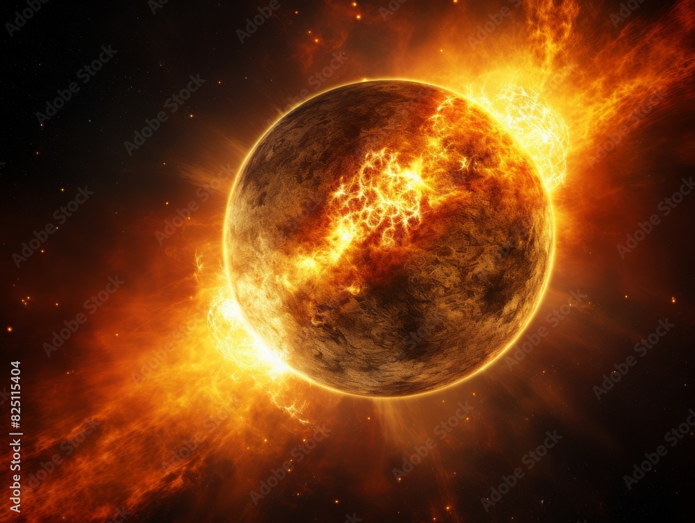 Stunning image of a planet engulfed in flames, depicting a fiery cosmic event in deep space. Perfect for science fiction and astronomy themes.