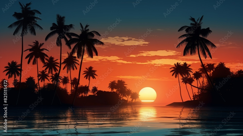 Stunning tropical sunset over a serene beach with silhouetted palm trees and vibrant sky colors reflecting on the water.