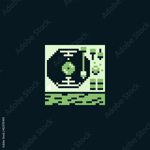 Retro vinyl record player, pixel art icon, design for logo game, sticker, web, mobile app, logo. Isolated vector illustration.