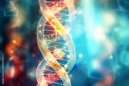 Vibrant close-up of the DNA double helix showcasing the intricate structure of genetic material with colorful background. photo