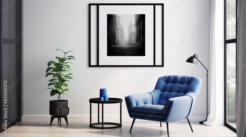 A sleek and modern living room with cobalt blue accents, a black leather armchair, and a blank white frame mockup hanging on a gallery wall of black and white photographs. A sleek and modern living room with cobalt blue accents, a black leather armchair, and a blank white frame mockup hanging on a gallery wall of black and white photographs.