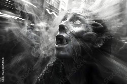 Halloween Participants groaning and limping in character as they lurch through the streets, captured in dynamic street photography with time-slice technique, evoking both fear and amusement