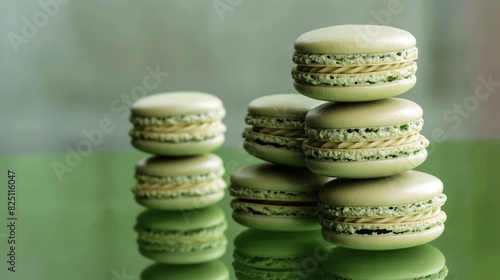 A stack of green macarons in a delicate arrangement on a reflective green glass table  highlighting their uniform color and smooth surface.