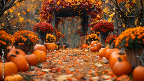 Halloween Rustic autumn decorations bursting with vibrant oranges and deep reds captured in wide-angle photography using a polarizing filter