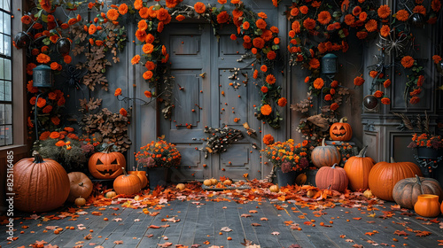 Halloween Rustic autumn decorations bursting with vibrant oranges and deep reds captured in wide-angle photography using a polarizing filter photo