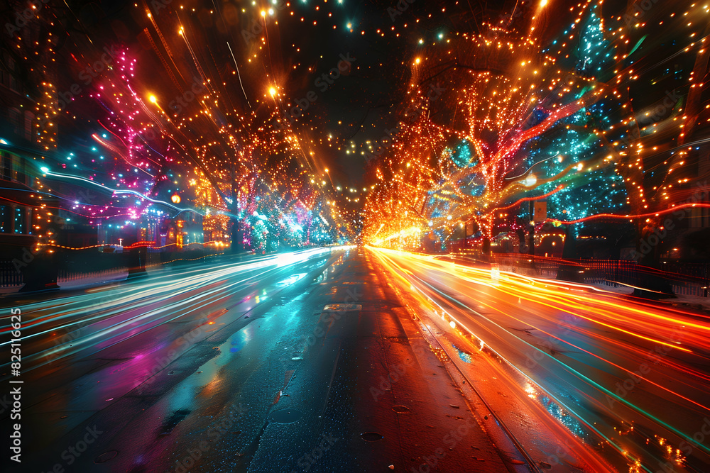 Street lined with festive decorations and twinkling lights, Halloween parades captured in dynamic motion blur photography 