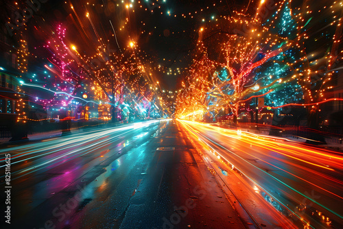 Street lined with festive decorations and twinkling lights, Halloween parades captured in dynamic motion blur photography  photo