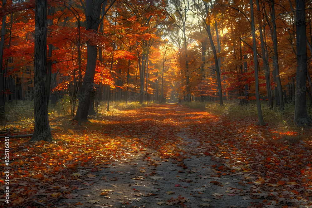 Trees ablaze with the fiery colors of autumn captured in vibrant HDR (High Dynamic Range) photography, as sunlight filters through the canopy and illuminates the landscape Trees ablaze with the fiery colors of autumn captured in vibrant HDR (High Dynamic Range) photography, as sunlight filters through the canopy and illuminates the landscape