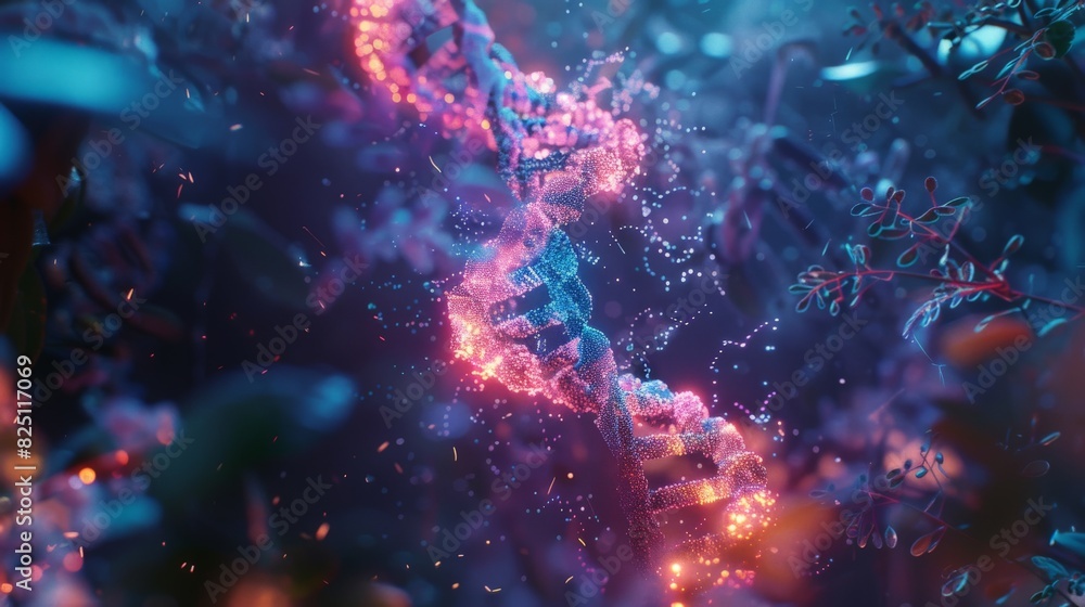 Fototapeta premium A dynamic fusion of DNA double helix and digital AI elements, driving groundbreaking advancements in genetic research and personalized medicine, reshaping the landscape of healthcare.