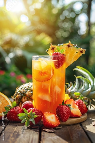 High-detail photo of a tropical summer drink with fresh fruits like strawberries, pineapples, and oranges on a wooden table, with a sunny garden background