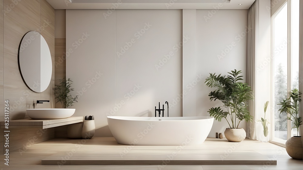 A modern and minimal bathroom interior with bathtub. A modern and minimal bathroom interior with bathtub.