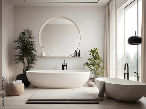 A modern and minimal bathroom interior with bathtub.