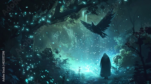 Illustrate a Wizard summoning ethereal magic in a mystical forest illuminated by Bioluminescent plants, with a majestic Phoenix soaring overhead photo
