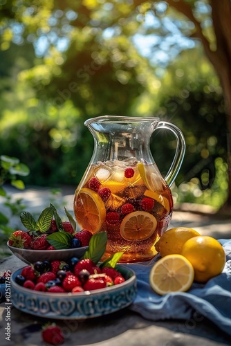 Photorealistic image of a pitcher of iced tea with lemon slices and a bowl of fresh berries, set on a garden table during summer, captured in high detail