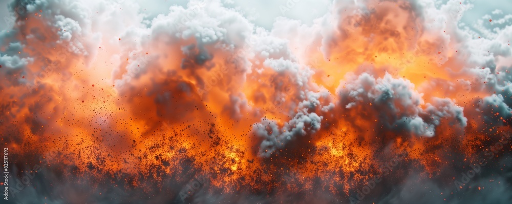 Front view of an explosion with fire and smoke isolated on a white background, detailed illustration