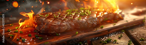 Cinematic Grilled beef steak photography on the grill flame concept of eid ul azha in background 