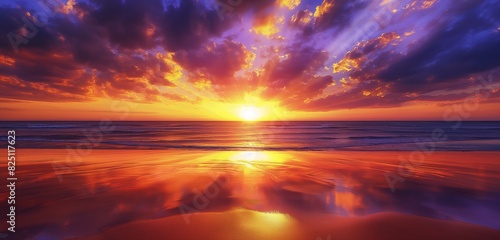 A sunset view at the beach, with the sun dipping below the horizon and the sky painted in a palette of gold, purple, and red, reflecting on a calm sea. photo