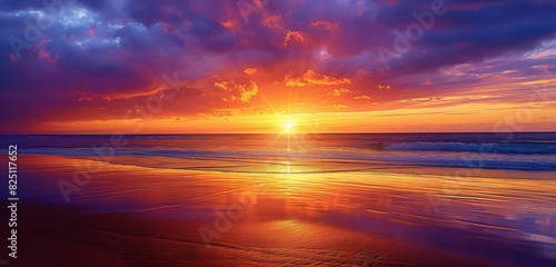 A sunset view at the beach  with the sun dipping below the horizon and the sky painted in a palette of gold  purple  and red  reflecting on a calm sea.