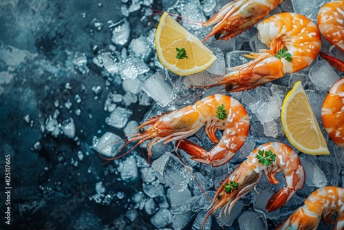 Fresh shrimps on ice with lemon, top view
