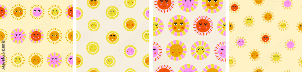 Fototapeta premium Four creative patterns pack, laughs suns. Repeating backdrop, summer sunbursts, seamless design for stationery, branding.