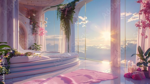 Fantastical, cloud-like room with a pastel color scheme, particularly shades of pink and white photo