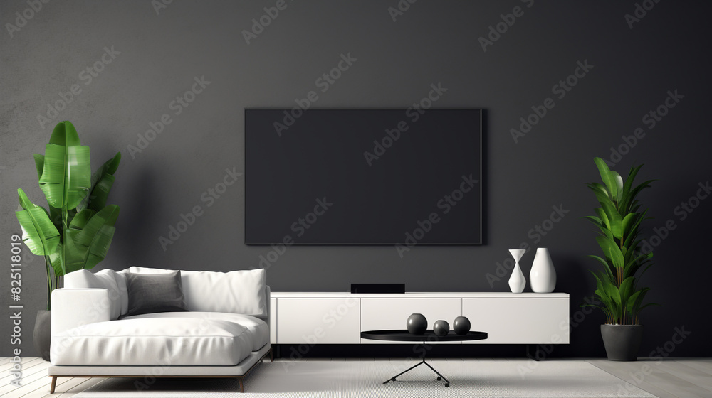 A sleek black and white room with a glossy black TV stand, a white sectional sofa, and a blank empty white frame mockup on the wall. A sleek black and white room with a glossy black TV stand, a white sectional sofa, and a blank empty white frame mockup on the wall.