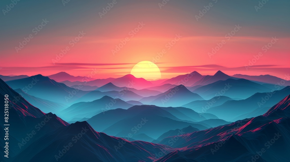 Depict a sunset over mountains in flat design, front view, hiking theme, 3D render, Triadic Color Scheme