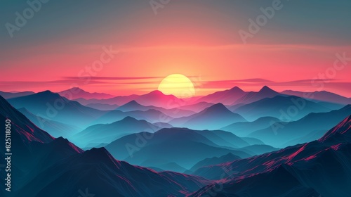 Depict a sunset over mountains in flat design, front view, hiking theme, 3D render, Triadic Color Scheme