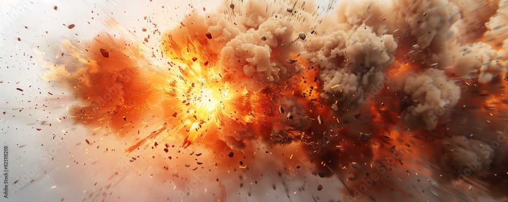 vibrant explosion on a white background in the photorealistic style, smoke and fire with an explosion effect and debris flying everywhere vibrant explosion on a white background in the photorealistic style, smoke and fire with an explosion effect and debris flying everywhere