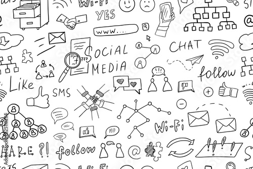 Seamless pattern of social media elements in doodle style. Communication, follow, sms, share, internet, search, chat. Business. Hand drawn. Great for banner, posters, cards and professional design.