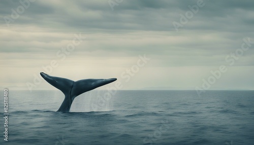 A big blue whale is seen jumping out of the sea water, lifting half part of its body off the surface as it glides through the waves. © Marlon