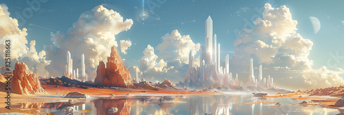 technoorganic desert landscape dotted with oases of shimmering water and towering crystalline structures photo