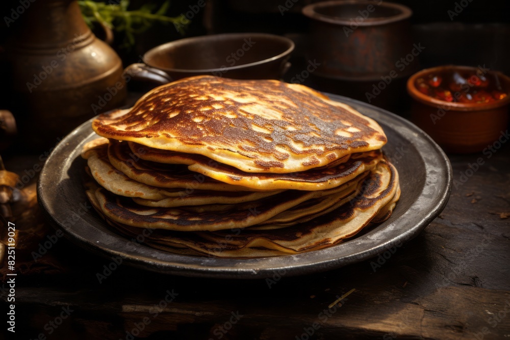 Juicy pancakes in a clay dish against a rusted iron background Juicy pancakes in a clay dish against a rusted iron background