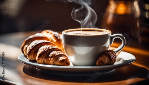 Freshly baked croissants paired with a hot cup of espresso, a quintessential breakfast setup with a morning glow.