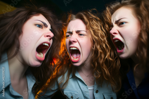 Protest women shouting slogans in opposes racial or gender discrimination, make stop gesture, sign of protest, female against domestic violence, abortion, bullying school, say no concept photo