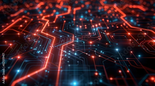 Futuristic circuit board design with glowing lines and nodes, background image
