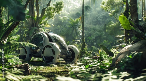 Render an autonomous vehicle in a jungle setting, viewed at a tilted angle to evoke a sense of exploration and mystery photo
