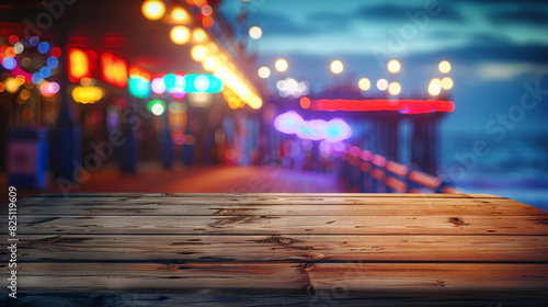 A wooden table by a seaside promenade  blurred neon lights from the pier dance in the background.