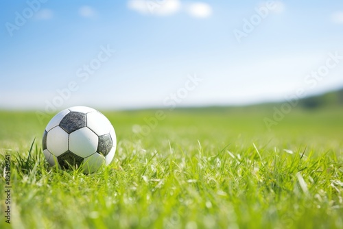 Soccer ball on vibrant green field in a bustling and lively soccer stadium environment