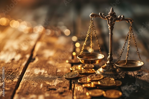 A scale balancing with gold coins on a wooden table