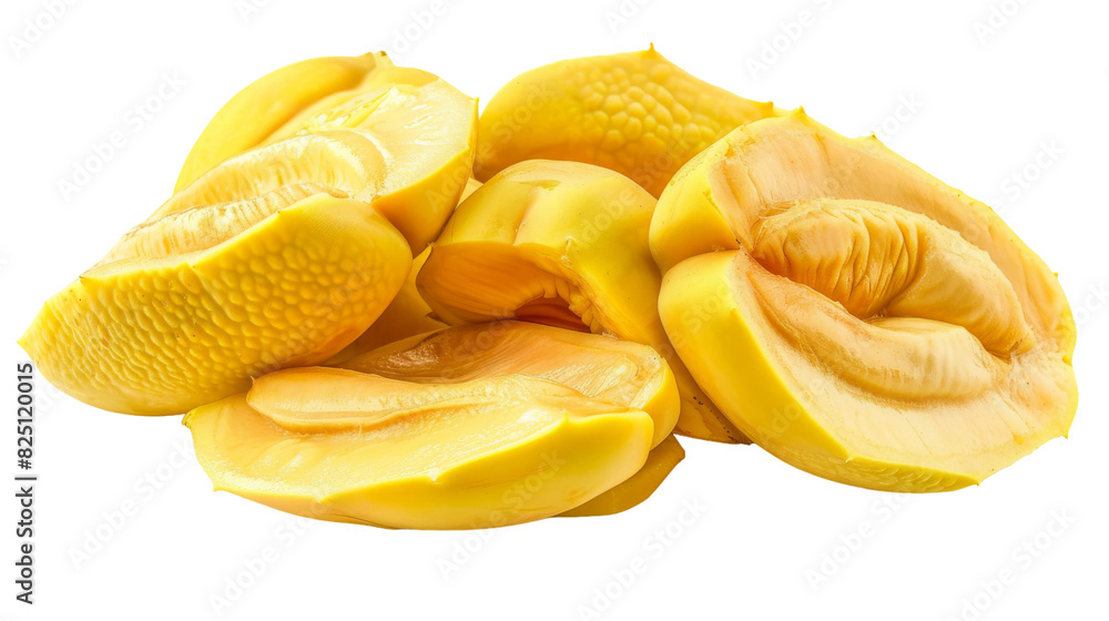 A heap of yellow fruit slices neatly arranged against a clean white backdrop A heap of yellow fruit slices neatly arranged against a clean white backdrop