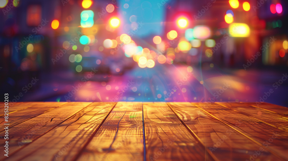 A wooden table illuminated by a dazzling blur of neon lights, with the street softly fading into the background.