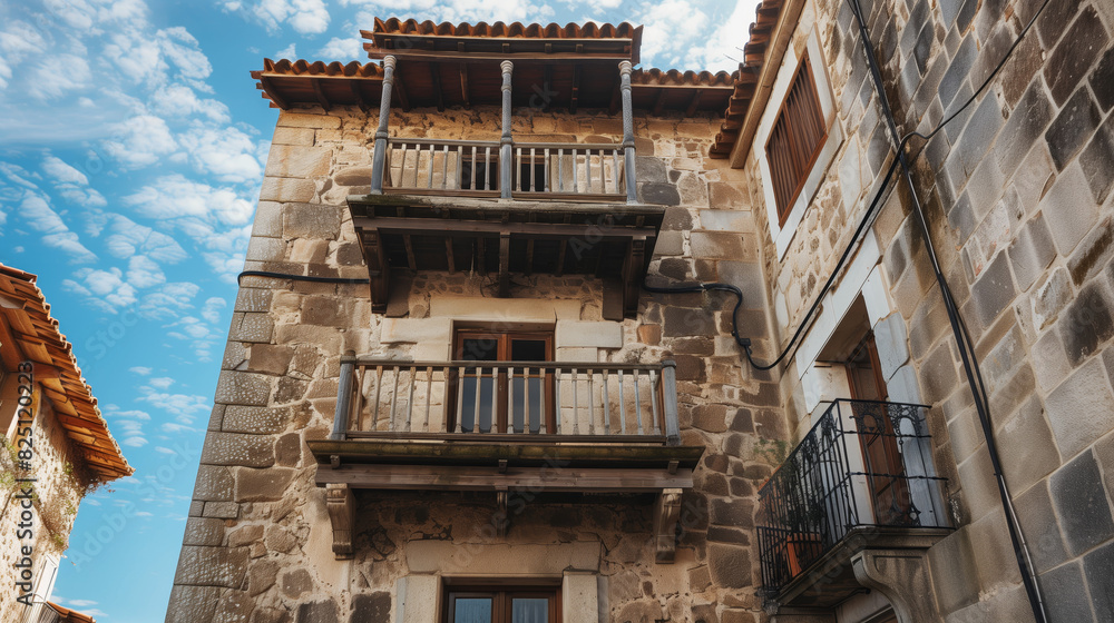 A charming Mediterranean stone house features a wooden balcony under a clear blue sky, capturing a serene summer atmosphere. A charming Mediterranean stone house features a wooden balcony under a clear blue sky, capturing a serene summer atmosphere.