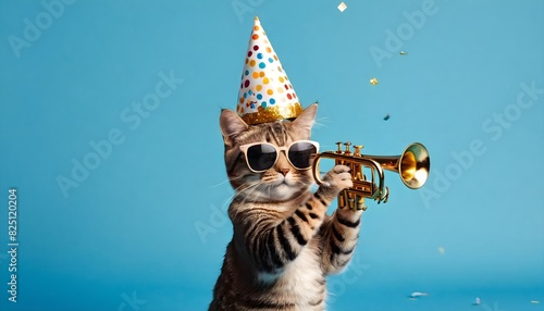 Funny cat in sunglasses and birthday hat playing trumpet, birthday celebration concept with confetti, isolated on blue background