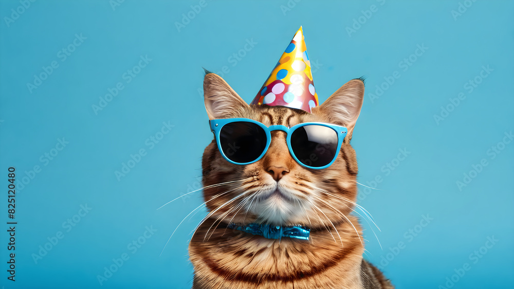 Funny cat in sunglasses and birthday hat, party or birthday celebration concept, isolated on blue background