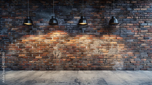 empty brick wall concrete floor with hanging lamps background photo