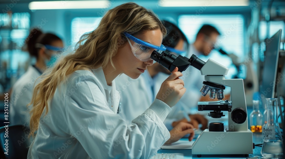 A female scientist wearing a lab coat and safety goggles is looking through a microscope in a laboratory. 